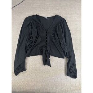 Black Express Boho Hippie Blouse Tie Front Balloon Long Sleeve Button Up Top Med